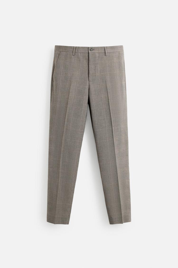 Men's Grey Checkered Slim-Fit Formal Trousers