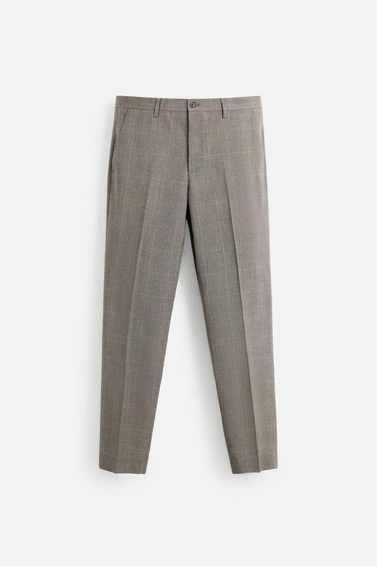 Men's Grey Checkered Slim-Fit Formal Trousers